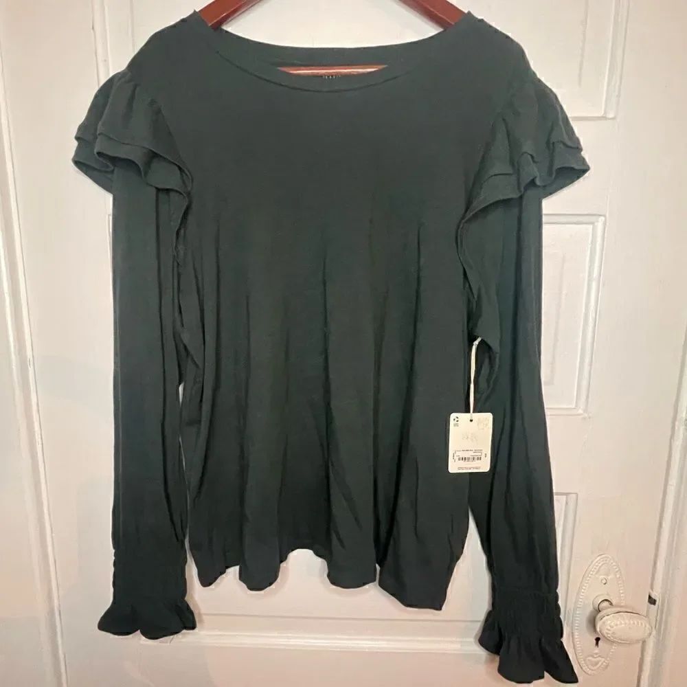 a.n.a. Cotton Top w/ Ruched Cuffs & Ruffle Shoulders